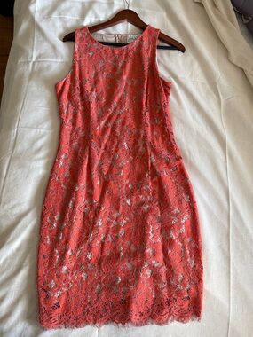 Nicole Miller Coral-Red Lace Midi Dress